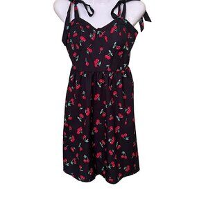 Black Cherry Print Babydoll  Sundress With Bow Straps & Shirred Back y2k